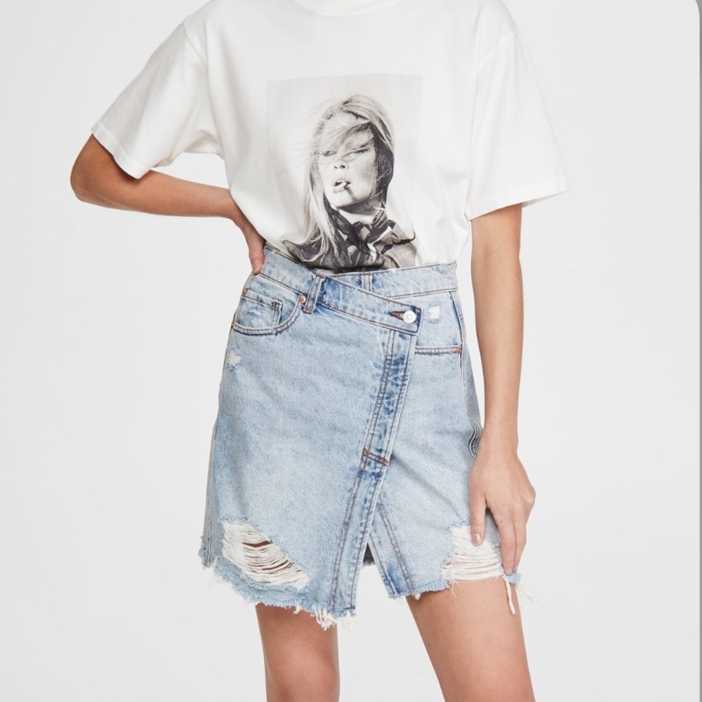 Free People New Parker Denim Wrap Distressed Jean Skirt